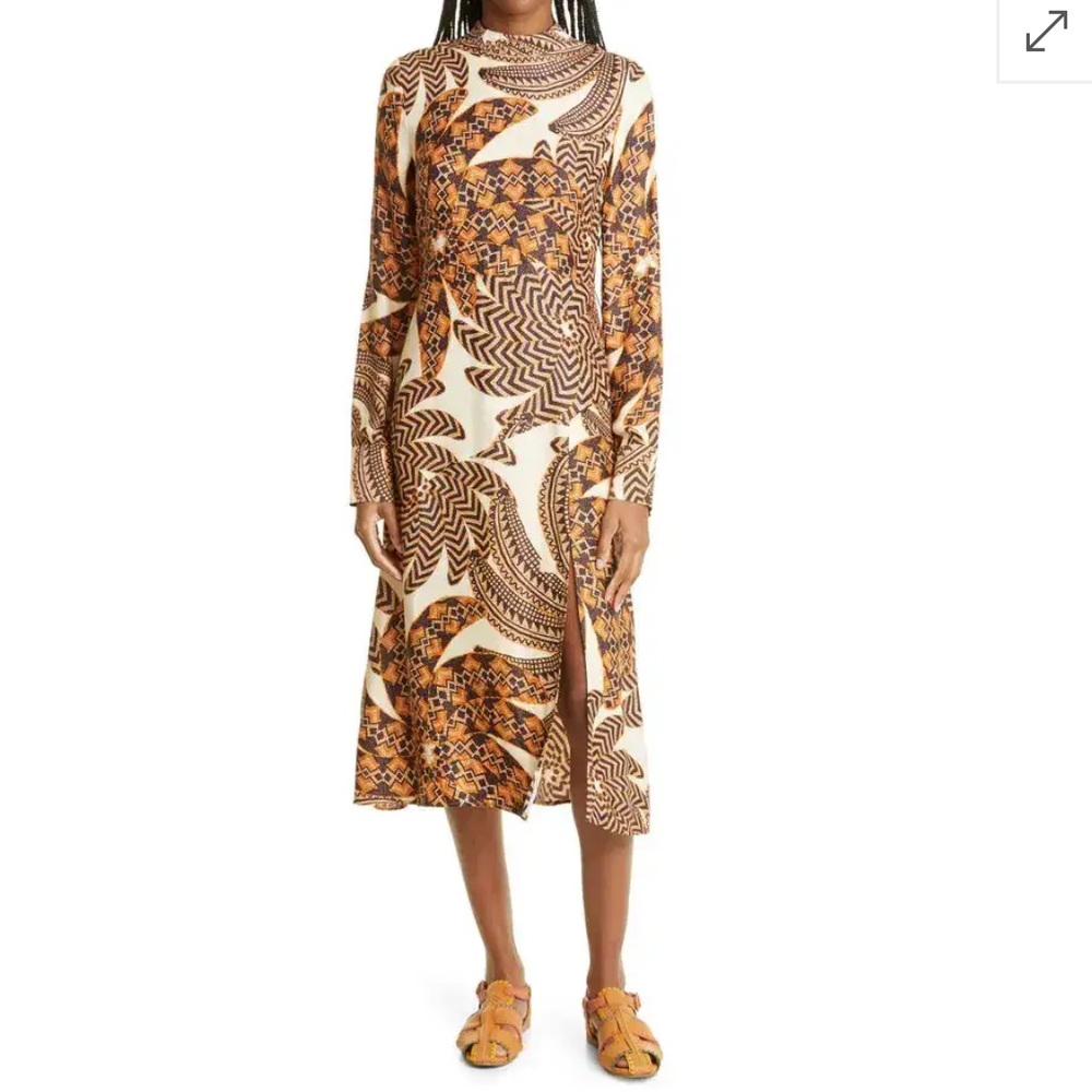 Farm Rio Yawanawa Banana Print Mock Neck Long Sleeve Dress size small NWT